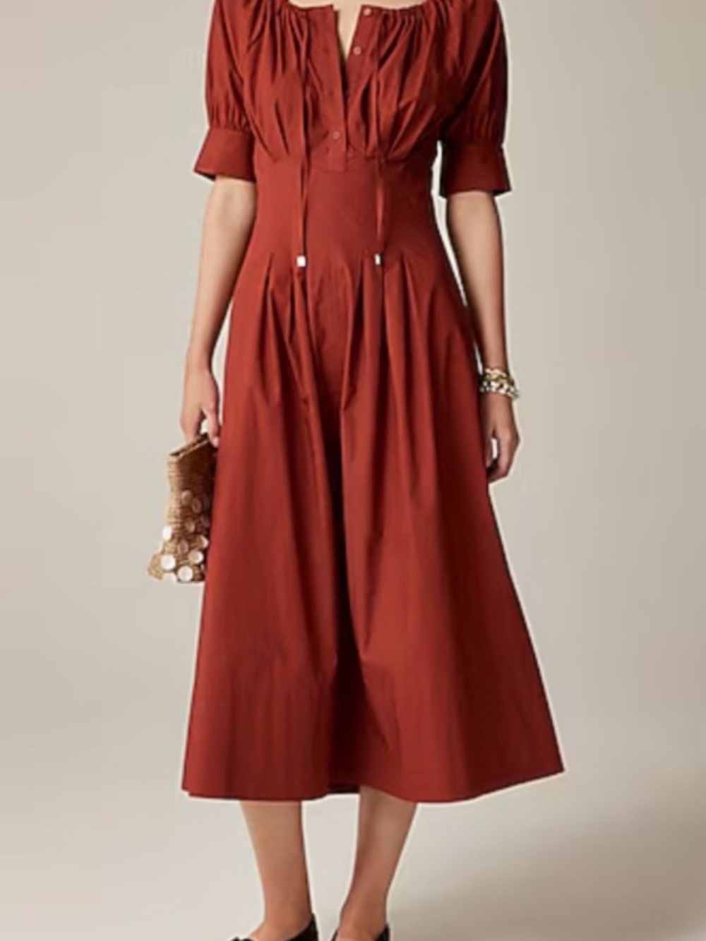 NWOT J.Crew Terracotta Red Poplin Puff Sleeve Midi Dress